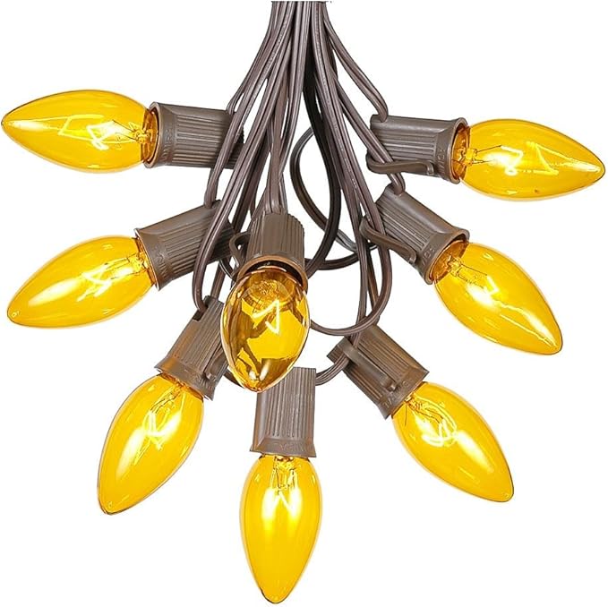 Novelty Lights C9 Yellow Christmas String Light Set - Outdoor Christmas Light String - Hanging Christmas Lights - Roofline Light String - Outdoor Patio String Lights - Brown Wire - 25 Foot