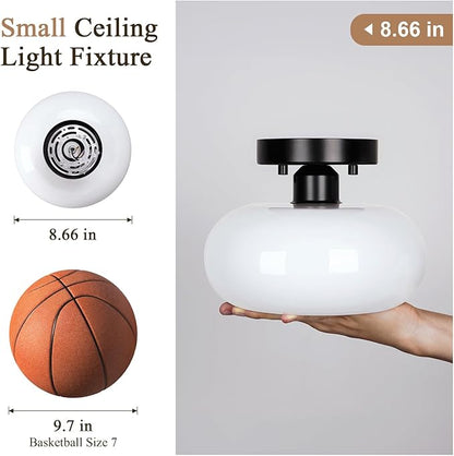 Mid-Century Modern Black Semi Flush Mount Ceiling Light,White Glass Dome Hallway Lighting Fixtures, Metal Close to Ceiling Lamp for Entryway Bathroom Kitchen Bedroom Porch Foyer Office(8.66 Inch)