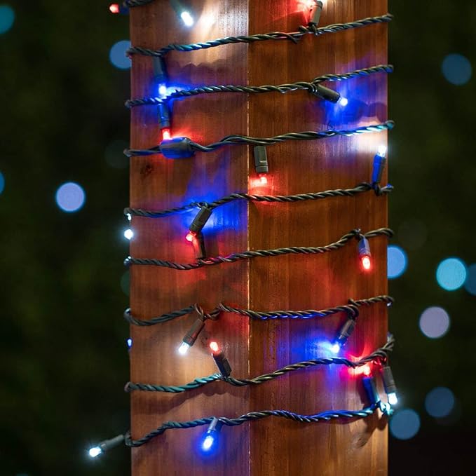 Novelty Lights 50 LED 25ft Red White Blue Lights, USA Patriotic 4th of July String Lights, Wide Angle Mini Lights on Green Wire, Commercial Grade, Connectable Indoor Outdoor Christmas Lights