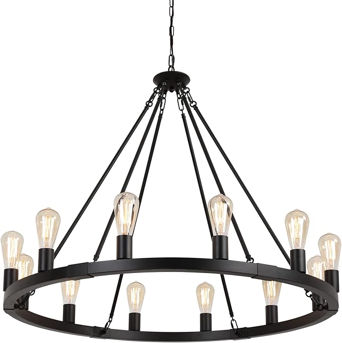 AMZASA Large Farmhouse Wagon Wheel Chandelier,Black Industrial Round 12 Lights Dining Room Light Fixture for Kitchen Living Room Foyer Hotel Dia38.2 Inches UL Listed