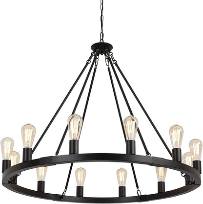 AMZASA Large Farmhouse Wagon Wheel Chandelier,Black Industrial Round 12 Lights Dining Room Light Fixture for Kitchen Living Room Foyer Hotel Dia38.2 Inches UL Listed