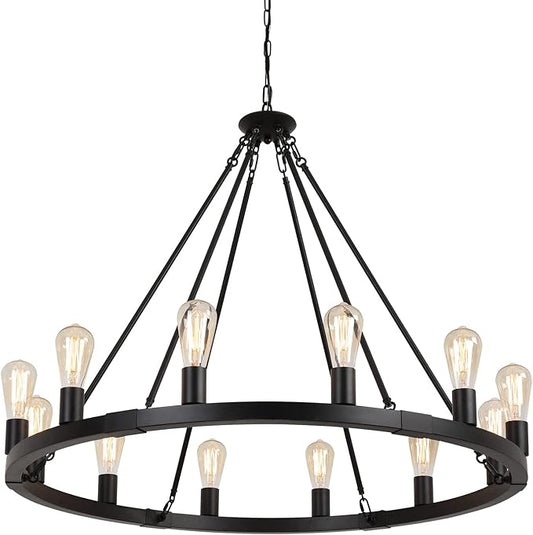 AMZASA Large Farmhouse Wagon Wheel Chandelier,Black Industrial Round 12 Lights Dining Room Light Fixture for Kitchen Living Room Foyer Hotel Dia38.2 Inches UL Listed