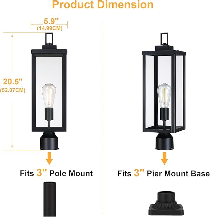 GRUENLICH Outdoor Lamp Post Light Fixtures, Exterior Pole Lantern with Tempered Glass, 20.5 Inch Fence Post Lighting for Garden Yard Pathway, Black, 1 Pack