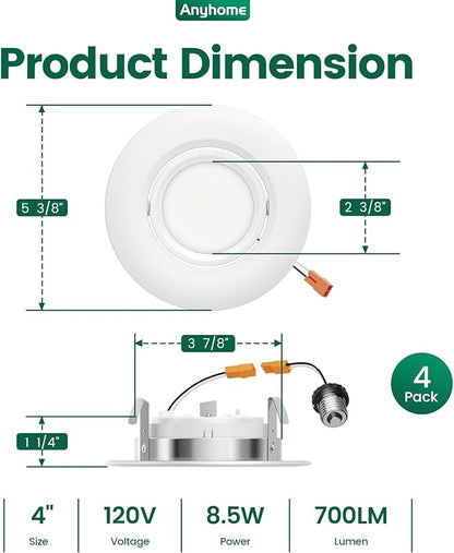 4 Inch Gimbal Led Recessed Lighting Retrofit,4 Retrofit Led Recessed Lighting,5 CCT 2700K-5000K Dimmable 8W 700LM,Compatible with TP24 Connector/E26 Bases,ETL & ES(4 Pack)