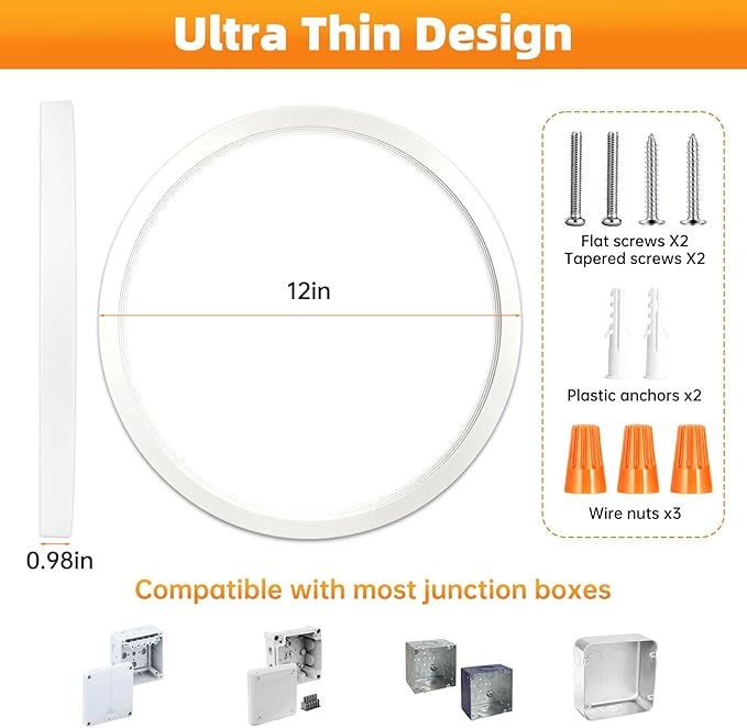 12 Inch 1Pack Super Slim Flush Mount Ceiling Light Fixture,24W 3200LM Dimmable 5CCT Selectable 2700K-5000K Round Light Fixture for Living/Bedroom,Kitchen/Bathroom,Porch &All Indoor Spaces White