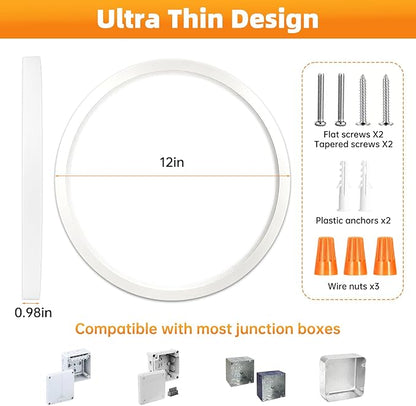 12 Inch 2Pack Super Slim Flush Mount Ceiling Light Fixture,24W 3200LM Dimmable 5CCT Selectable 2700K-5000K Round Light Fixture for Living/Bedroom,Kitchen/Bathroom,Porch &All Indoor Spaces White
