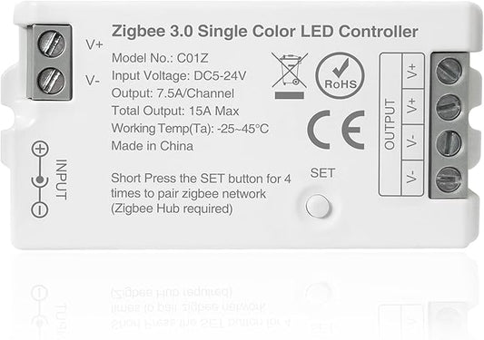 Tuya Zigbee 3.0 Single Color LED Strip Controller PWM Dimmer 2 Pin V+ V- DC 5V 12V 24V Max 15A Compatible with Alexa Echo Plus 4th Gen Tuya Gateway for FCOB COB 5050 2835 LED Light
