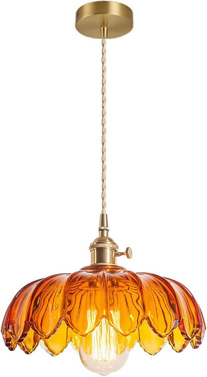 Amber Glass Pendant Light Fixtures Medium 9.8 Inches Lampshade Gold Brass Finish and Switch Vintage Pendant Ceiling Lamp Copper Pendant Lighting (Amber)