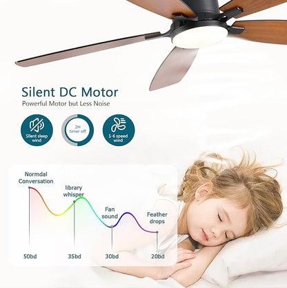 Ayaoty Ceiling Fans with Lights, 52 inch Low Profile Ceiling Fan with Light and Remote Control, Flush Mount, LED Dimmable DC Reversible Modern Ceiling Fan for Bedroom