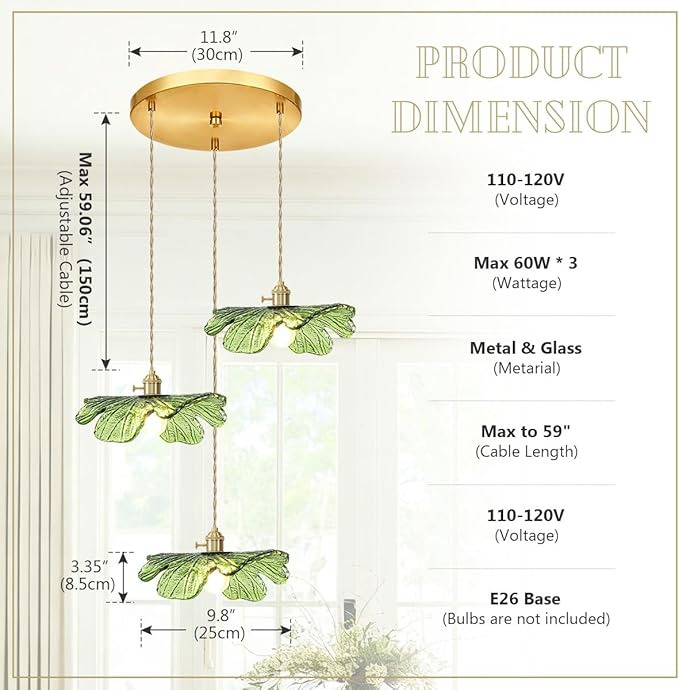 Green Glass Pendant Light 3-Light Cluster Chandelier Adjustable Gold Brass Pendant Hanging Light Farmhouse Pendant Lights for Kitchen Island Dining Room Bedroom