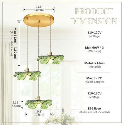 Green Glass Pendant Light 3-Light Cluster Chandelier Adjustable Gold Brass Pendant Hanging Light Farmhouse Pendant Lights for Kitchen Island Dining Room Bedroom