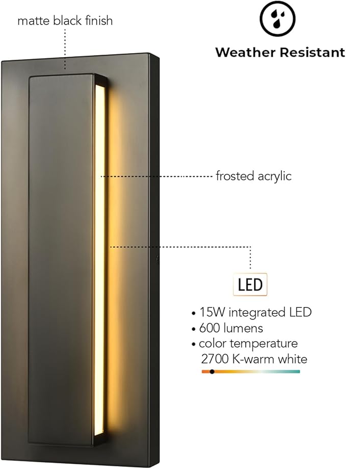 Globe Electric 60000172 15W LED Integrated Outdoor Wall Sconce, Matte Black, Frosted Acrylic, 600 Lumens, 2700 Kelvin, 90 CRI