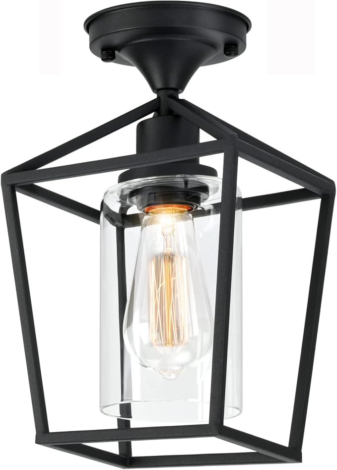Melovom Clear Glass Semi Flush Mount Industrial Vintage Ceiling Light Fixtures, Black for Hallway, Porch, Dining Room, Kitchen