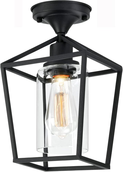 Melovom Clear Glass Semi Flush Mount Industrial Vintage Ceiling Light Fixtures, Black for Hallway, Porch, Dining Room, Kitchen