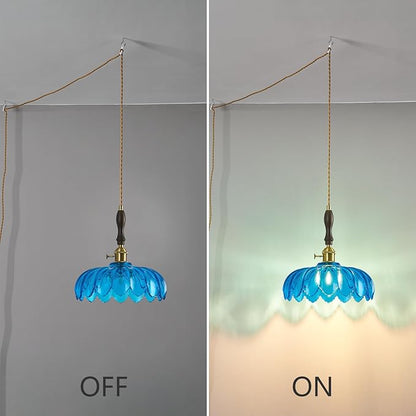 Modern Blue Plug in Glass Pendant Light Retro Flower Glass Hanging Lamp Gold Brass Decorative Adjustable Ceiling Hanging Light Suitable for Kitchen Island Bedroom Dining Room Living Room