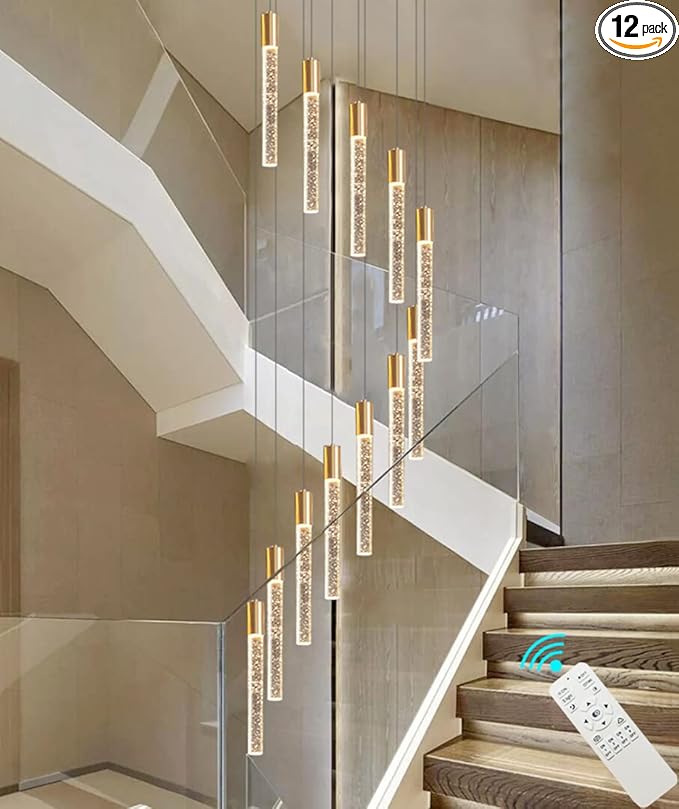 HAIXIANG 118" High Ceiling Chandelier Linear Crystal Pendants, Remote Dimmable, Compatible Sloped Ceilings, 12-Light Gold, 60 Watts LED, 4800 Lumens