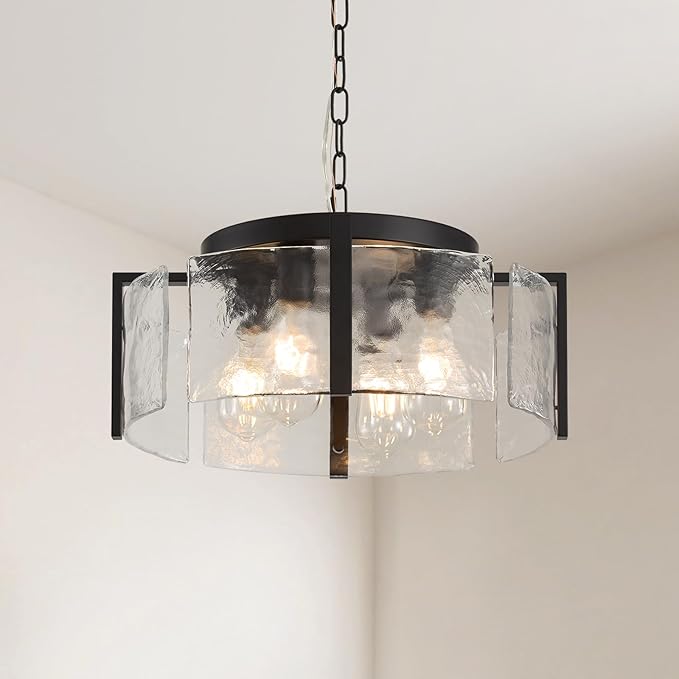 Modern Black Chandeliers for Dining Room: 17.7'' Drum Textured Glass Foyer Chandelier - Vintage Farmhouse kitchen Chandeliers Over Table - Rustic Hanging Light Fixture for Bedroom Living Room Entryway