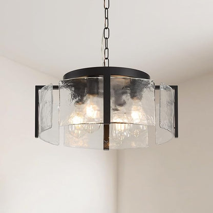 Modern Black Chandeliers for Dining Room: 17.7'' Drum Textured Glass Foyer Chandelier - Vintage Farmhouse kitchen Chandeliers Over Table - Rustic Hanging Light Fixture for Bedroom Living Room Entryway