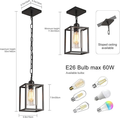 2 Pack Farmhouse Pendant Light,Black Metal Frame Hanging Light Fixture with Clear Glass Shade, Adjustable Chains Industrial Mini Pendant Lighting for Kitchen Island Entryway Porch Foyer