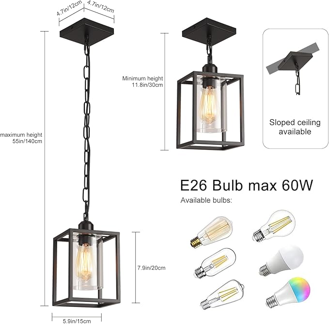 Farmhouse Pendant Light,Black Metal Frame Hanging Light Fixture with Clear Glass Shade Chandelier, Adjustable Chains Industrial Mini Pendant Lighting for Kitchen Island Entryway Porch