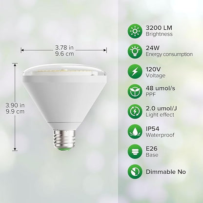 SANSI 250W Equivalent LED Grow Light Bulb, BR30 24W 3000K 5000K Red 660nm Infrared 730nm Full Spectrum Grow Bulb, IP54 Waterproof Grow Light for Indoor Outdoor Plants