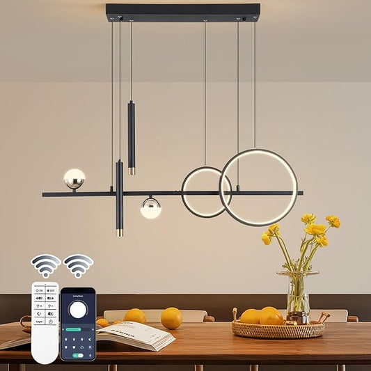 ORANOOR LED Modern Chandeliers for Dining Room, Dimmable Black Gold Chandelier Kitchen Pendant Lighting Over Island, Linear Ring Globe Pendant Light Fixtures Dining Room Lights Ceiling Hanging