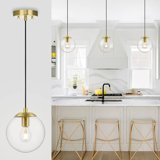 XiNBEi Lighting Globe Pendant Light, Mid Century Modern Kitchen Pendant Lighting Over Island with Clear Glass Brass Light Fixture for Sink Entryway Bedroom XB-P1259-SB
