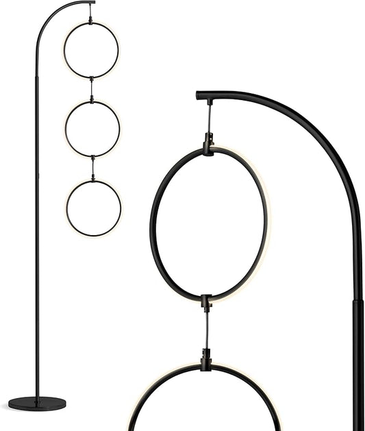 Brightech Nova Modern Floor Lamp Matches Living Room Décor - Contemporary Arc Tall Lamp with 3-Circle Ring-Style Pendant - Over The Couch Standing on Arching Pole - Eclectic- Black