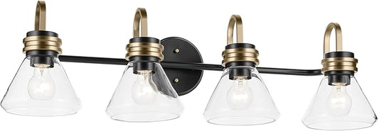 Kichler Farum 34" 4-Light Bathroom Vanity Light Fixture with Clear Glass in Black, Modern Wall Mount Over Mirror for Single or Double Vanity (34" W x 9.5" H), 55156BKCLR