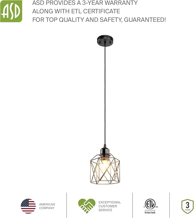 ASD Black Pendant Light Fixture - 1xE26 120V ETL Modern Pendant Lights Kitchen Island, Industrial Hallway, Living Room, Kitchen Island Lighting, Hanging Dining Room Light Fixtures Over Table 2 Pack