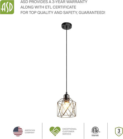 ASD Black Pendant Light Fixture - 1xE26 120V ETL Modern Pendant Lights Kitchen Island, Industrial Hallway, Living Room, Kitchen Island Lighting, Hanging Dining Room Light Fixtures Over Table 2 Pack