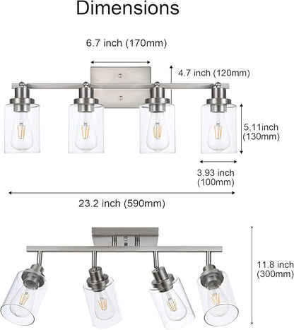 4 Light Track Lighting Fixtures Ceiling Kitchen Track Lighting Kit Brushed Nickel Bathroom Tracking Vanity Lights with Clear Glass Shade, Rotatable Spotlight for Accent Task Wall Art Hallway