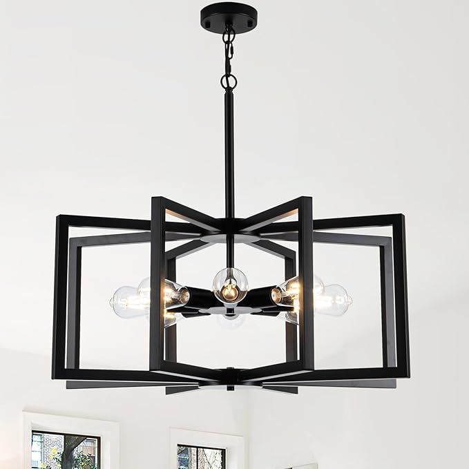 Modern Chandelier, 27.5'' Large Black Chandelier Light Fixture Industrial Max 60'' Hanging Adjustable Farmhouse Chandeliers for Dining Room Entryway Living Room Kitchen (8-Light, E26)