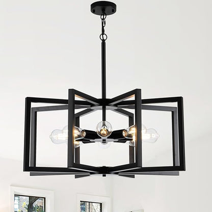 Modern Chandelier, 27.5'' Large Black Chandelier Light Fixture Industrial Max 60'' Hanging Adjustable Farmhouse Chandeliers for Dining Room Entryway Living Room Kitchen (8-Light, E26)