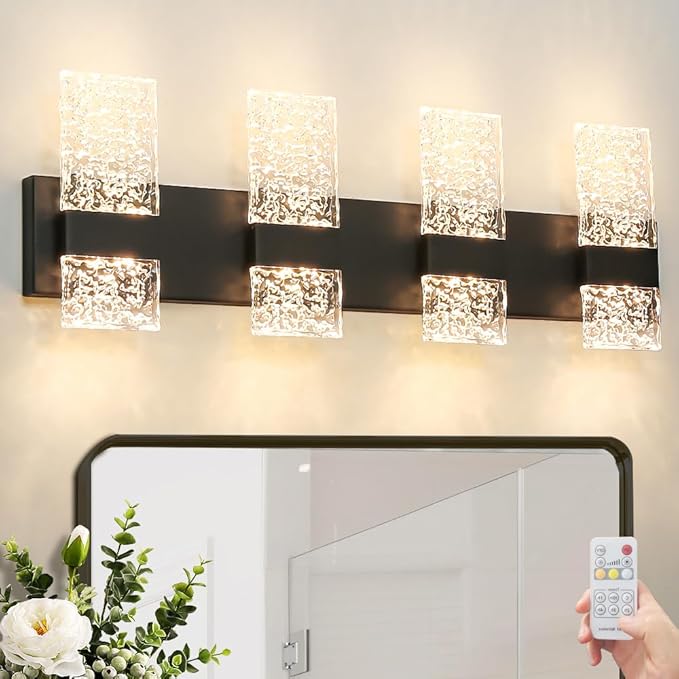 Modern Matte Black 4 Lights Bathroom Vanity Light, Eleglant LED Bathroom Light Fixtures Over Mirror, Dimmable Acrylic Shade Wall Lighting Fixtures, Hardwired Wall Light(H9.25in, L28.35in)