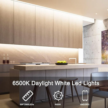 VOLIVO White LED Strip Lights, 16.4ft Dimmable LED Lights Strip 6500K Bright Daylight White, Strong Adhesive, Flexible Tape Light for Mirror, Kitchen Cabinets, Bedroom