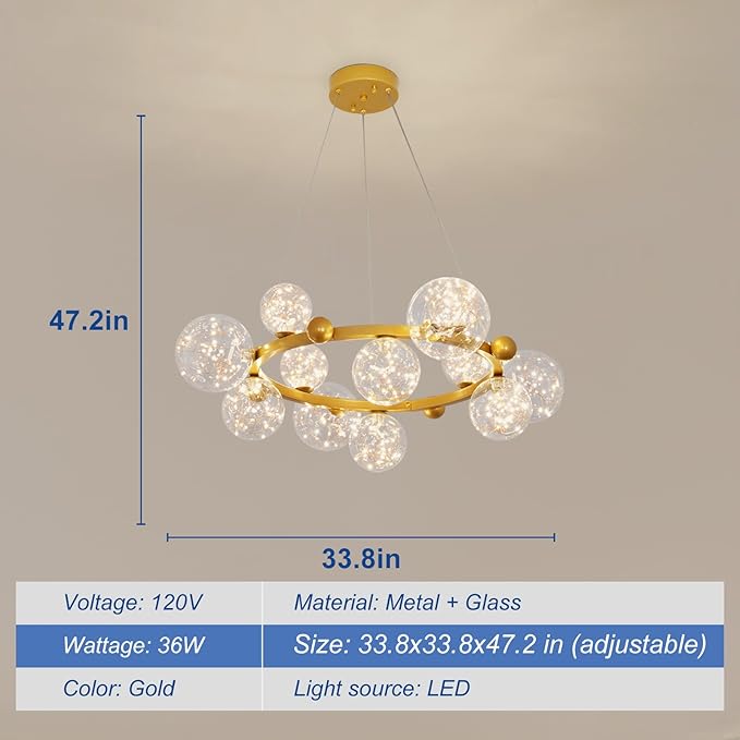 Depuley Sputnik Chandelier Light Fixture: 12-Light Modern Gold Bubble Glass Chandeliers for Dining Room - 33.85" Mid Century Globe Pendant Lighting for Kitchen Island Bedroom Foyer Living Room