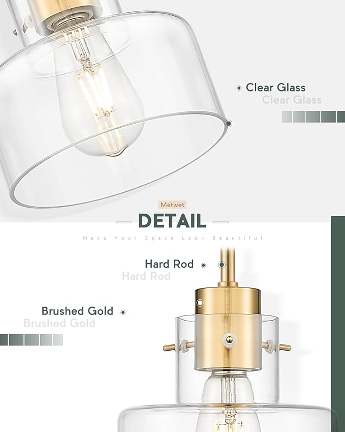 2 Pack Pendant Lights Kitchen Island, Brushed Gold Pendant Light Fixtures Over Island with Clear Glass Shade, 6" Modern Brass Kitchen Island Lighting for Dining Room Entryway, PL124-BG-G-2PK