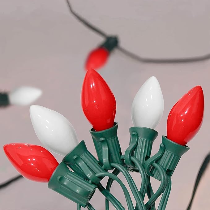 C7 Christmas String Lights 25 Feet Outdoor String Lights with 27 5W Red White Glass Bulbs(2 Spare), Connectable Hanging Christmas Lights for Backyard Patio Balcony Party Xmas Decor, Green Wire