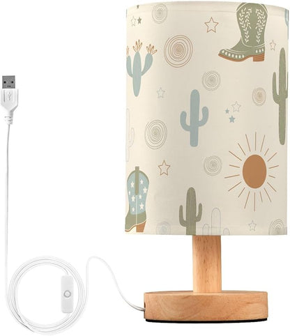 Bedside Table Lamp Western Cowboy Boots Cactus Nightstand Lamp with Wood Desk Lamps for Bedroom Living Room Nursery Office Home Decor