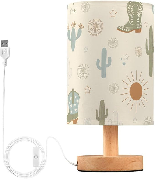 Bedside Table Lamp Western Cowboy Boots Cactus Nightstand Lamp with Wood Desk Lamps for Bedroom Living Room Nursery Office Home Decor