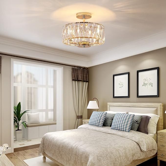 K9 Crystal Gold Chandelier Ceiling Lighting, 3-Lights Modern Mini Crystal Semi Flush Mount Pendant Lamp Fixture with E12 Bulb Base for Living Room Hallway Dining Room Bedroom (H10.4 x D12.5)