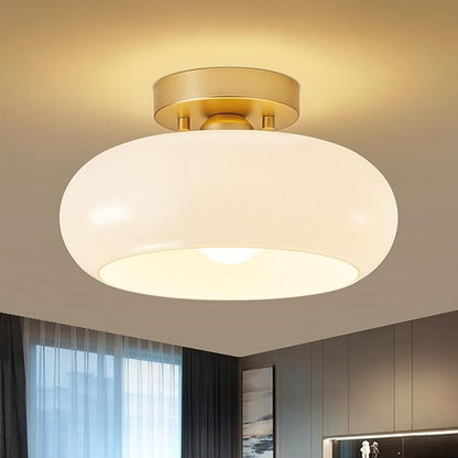 WOKNOS Mid-Century Modern Gold Semi Flush Mount Ceiling Light, Kitchen Ceiling Light Fixture with Glass Shade, Vintage White Close to Ceiling Lamp for Entryway Hallway Bathroom (11.0 Inch)