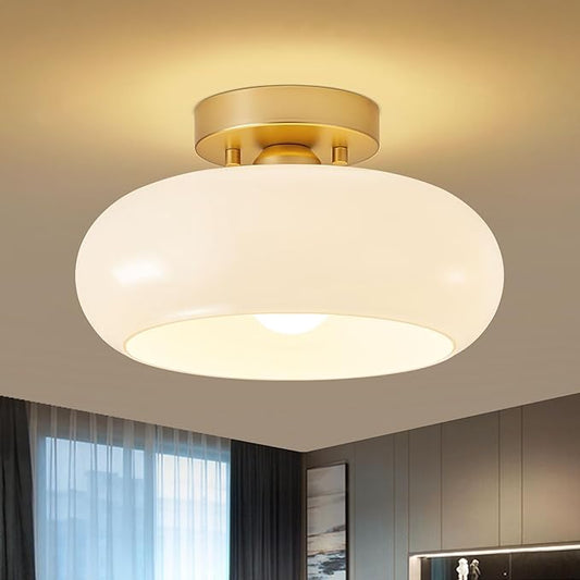 WOKNOS Mid-Century Modern Gold Semi Flush Mount Ceiling Light, Kitchen Ceiling Light Fixture with Glass Shade, Vintage White Close to Ceiling Lamp for Entryway Hallway Bathroom (11.0 Inch)