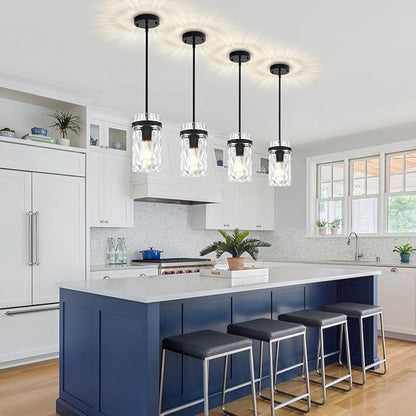 2 Pack Black Pendant Lights Kitchen Island, Modern Hammered Glass Pendant Lighting Over Island Hanging Kitchen Light Fixtures Hallway Ceiling Lights Adjustable Pendant Light for Dining Room Entryway
