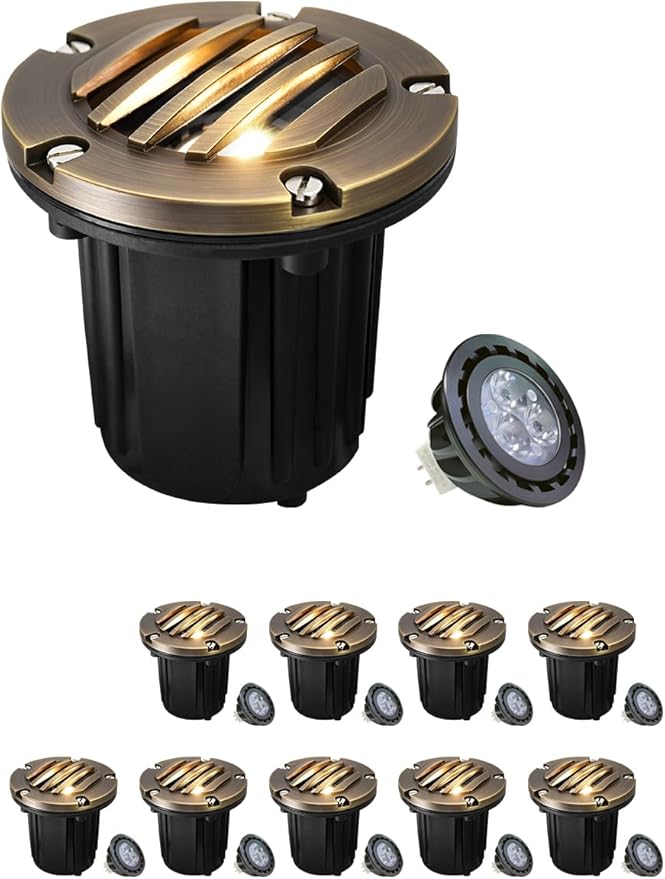 MALORY Brass Top Cover Landscape Well Lights,(5''H) 12V Low Voltage Outdoor In Ground Lights,Landscape Lighting for Pathway, Driveway and Garden 10 Pack with MR16 Bulb (Grated Top, 10-Pack with Bulb)