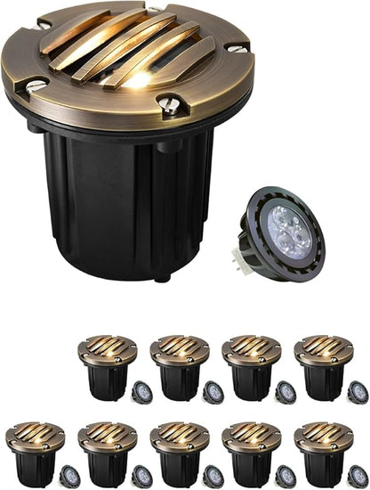 MALORY Brass Top Cover Landscape Well Lights,(5''H) 12V Low Voltage Outdoor In Ground Lights,Landscape Lighting for Pathway, Driveway and Garden 10 Pack with MR16 Bulb (Grated Top, 10-Pack with Bulb)