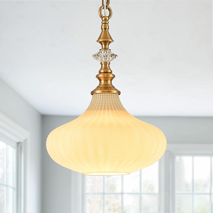 3-Light Chandelier,Vintage Gold Farmhouse Pendant Light Fixture for Kitchen,Adjustable Hanging Lighting with Beige Glass Shade for Hallway Bedroom Entryway Dining Room Island