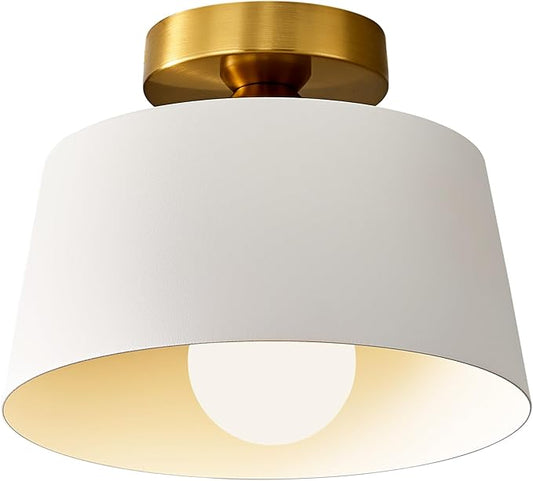 Modern Semi Flush Mount Ceiling Light,Metal Ceiling Light Fixture,E26 Ceramic Lamp Head,White and Gold Ceiling Lamp for Hallway Kitchen Entryway Bedroom Laundry Room (10Inch)