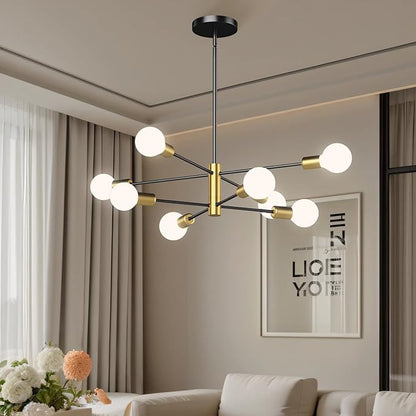 Modern Sputnik Chandelier, Ceiling Light Fixture Flush Mount 8-Light Black and Gold Chandeliers for Living Room Bedroom Dining Room Kitchen, Mid Century Chandeliers, E26 Base,(Bulbs Not Included)